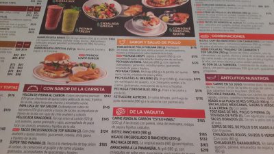 Carta de un restaurante con los platos y precios del menú